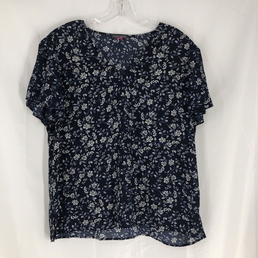 Vince Camuto Women's Large Navy Floral V-Neck Short Sleeve Blouse